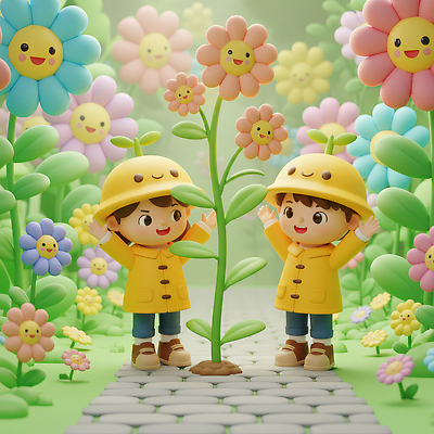 JPG 식물 편집이미지 캐릭터 꽃 행복 어린이 컬러 자연 놀이 3D캐릭터 웃음 동상 정원 유치원생 빈티지 편집3D AI컴퓨터그래픽 AI콘텐츠 감정 컨셉 표정 사람 조형물 3D 생태계 기념물 파일형식