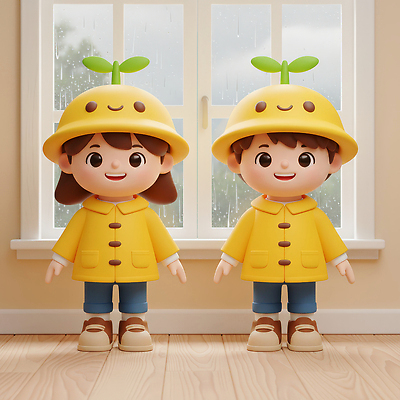 JPG 식물 편집이미지 캐릭터 디자인 어린이 창문 3D캐릭터 실내 표정 장난감 노란색 귀여움 유치원생 우비 편집3D AI컴퓨터그래픽 AI콘텐츠 옷 컬러 컨셉 사람 내부 3D 파일형식