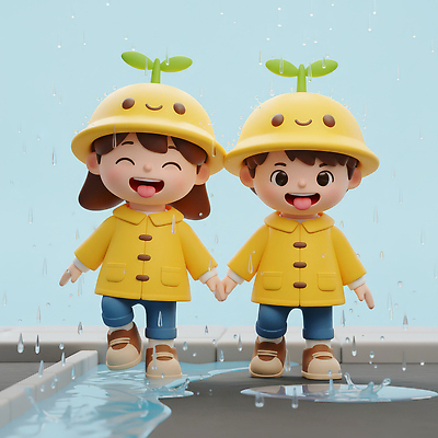 JPG 편집이미지 행복 어린이 놀이 날씨 거리 3D캐릭터 웃음 친구 장난감 소풍 귀여움 손잡기 유치원생 아기 빗물 편집3D AI컴퓨터그래픽 AI콘텐츠 캐릭터 감정 컨셉 관계 모션 표정 사람 야외활동 3D 비_날씨 파일형식