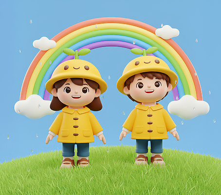 JPG 편집이미지 캐릭터 어린이 무지개 하늘 날씨 3D캐릭터 웃음 초록색 친구 장난감 유치원생 언덕 즐거움 우비 편집3D AI컴퓨터그래픽 AI콘텐츠 자연요소 옷 감정 컬러 관계 표정 사람 3D 파일형식