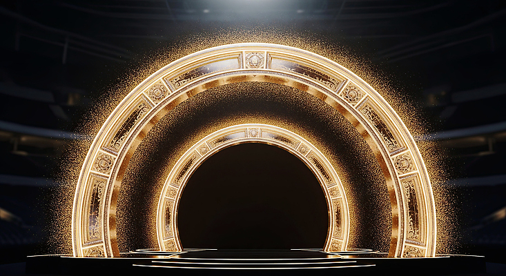 JPG 편집이미지 설계 조명 이벤트 장식 콘서트 공연 공간 무대 대기 화려 황금 공연장 아치 스포트라이트 이미지편집 AI컴퓨터그래픽 AI콘텐츠 컨셉 극장 파일형식