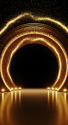 JPG 편집이미지 디자인 백그라운드 조명 이벤트 장식 반짝임 공연 공간 금색 무대 화려 신비 아치 이미지편집 AI컴퓨터그래픽 AI콘텐츠 컬러 컨셉 모션 파일형식