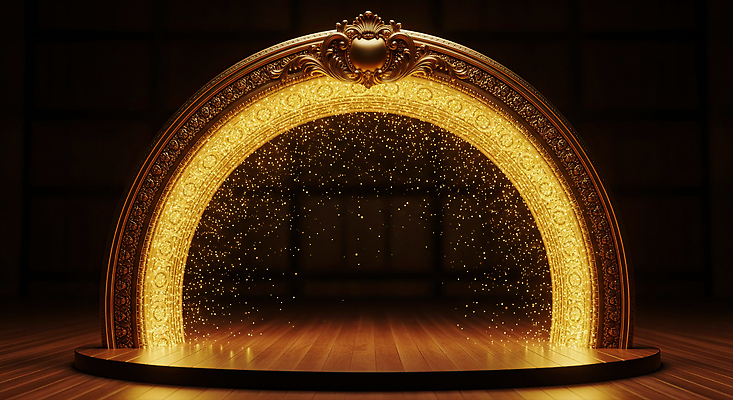 JPG 편집이미지 디자인 예술 백그라운드 조명 장식 빛 반짝임 어둠 공연 공간 무대 분위기 황금 신비 아치 이미지편집 AI컴퓨터그래픽 AI콘텐츠 컨셉 모션 이벤트 파일형식