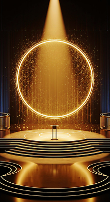 JPG 편집이미지 디자인 예술 조명 빛 공연 공간 금색 무대 커튼 원형 화려 분위기 중앙 준비 이미지편집 AI컴퓨터그래픽 AI콘텐츠 도형 컬러 컨셉 이벤트 파일형식