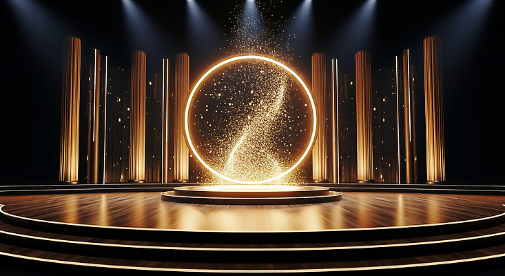 JPG 편집이미지 디자인 예술 조명 빛 반짝임 공연 금색 무대 원형 분위기 모던 독창 뷰티풀 창의성 이미지편집 AI컴퓨터그래픽 AI콘텐츠 도형 컬러 컨셉 모션 이벤트 파일형식