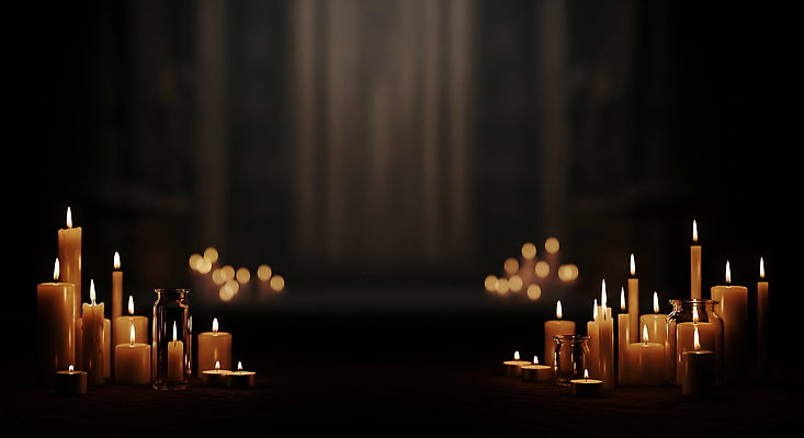 JPG 편집이미지 예술 촛불 따뜻함 빛 어둠 고요 전시 공간 분위기 추억 신비 조화 뷰티풀 설렘 순간 추모 편집실사 AI포토 AI콘텐츠 컨셉 초 CG 파일형식