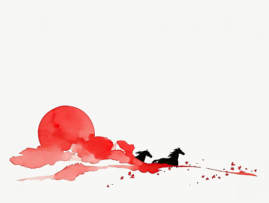 JPG 동물 전통 예술 컬러 일러스트 자연 하늘 한국 풍경 빨간색 달리기 태양 일출 검은색 물감 자유 말_게임 그림 뷰티풀 풍경화 국내일러스트 붉은말 AI일러스트 AI콘텐츠 자연요소 아시아 컨셉 모션 노을 미술도구 말_동물 생태계 파일형식