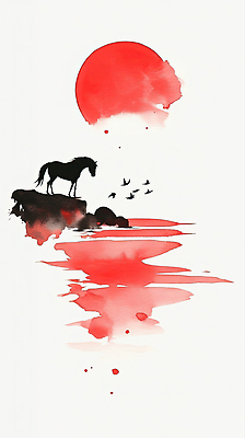 JPG 동물 여유 물결 예술 바다 일러스트 자연 조류 하늘 수채화 풍경 빨간색 태양 고요 말_게임 그림 뷰티풀 오후 수평선 국내일러스트 붉은말 AI일러스트 AI콘텐츠 자연요소 감정 컬러 말_동물 생태계 파일형식