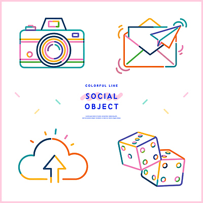 아이콘 디자인 모션 커뮤니케이션 그래픽 카메라 디지털 정보 표현 편지 주사위 공유 클라우드서비스 소통 색감 소셜미디어 업로드 창의성 2D아이콘 AI파일 컨셉 전자제품 서비스 파일형식 벡터
