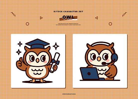 캐릭터 디자인 교육 일러스트 학사모 컴퓨터 귀여움 헤드셋 작업 유머 즐거움 부엉이 스타일 일러캐릭터 AI파일 모자_잡화 감정 음향기기 컨셉 졸업 조류 전자제품 헤드폰 파일형식 벡터