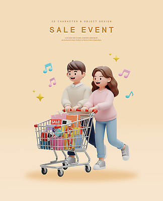 PSD 편집이미지 캐릭터 디자인 커플 음악 놀이 3D캐릭터 이벤트 쇼핑 세일 상점 소비 장바구니 즐거움 모던 방안 편집3D 감정 관계 문화예술 3D 바구니 파일형식