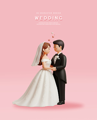 PSD 편집이미지 캐릭터 신부 분홍색 신랑 결혼 결혼식 3D캐릭터 사랑 장식 귀여움 손잡기 축하 순간 신랑신부 편집3D 감정 신부_웨딩 컬러 컨셉 모션 이벤트 3D 파일형식
