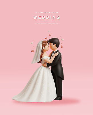 PSD 편집이미지 디자인 드레스 신부 분홍색 신랑 결혼 결혼식 키스 3D캐릭터 사랑 턱시도 로맨틱 하트 장면 신랑신부 편집3D 모양 캐릭터 옷 감정 신부_웨딩 컬러 컨셉 정장 이벤트 3D 애정표현 파일형식