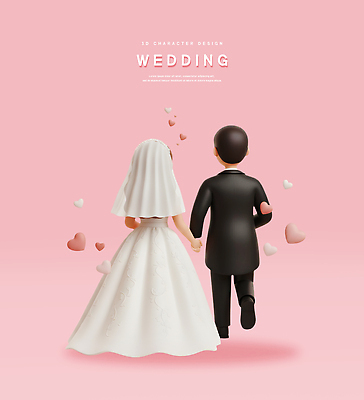 PSD 편집이미지 커플 행복 신부 분홍색 신랑 결혼 백그라운드 결혼식 3D캐릭터 사랑 턱시도 손잡기 하트 신랑신부 편집3D 모양 캐릭터 감정 신부_웨딩 컬러 관계 모션 정장 이벤트 3D 파일형식