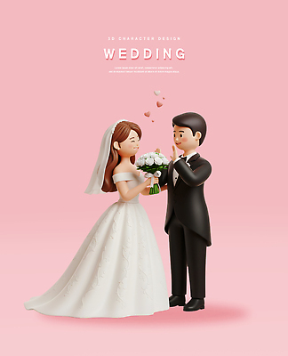 PSD 편집이미지 디자인 커플 기념일 행복 신부 꽃다발 신랑 결혼 3D캐릭터 사랑 축하 순간 신랑신부 편집3D 캐릭터 꽃 감정 신부_웨딩 컨셉 관계 이벤트 3D 파일형식