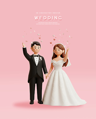 PSD 편집이미지 캐릭터 디자인 커플 꽃잎 행복 신부 분홍색 신랑 결혼 결혼식 3D캐릭터 사랑 축제 축하 잔치 신혼 신랑신부 편집3D 꽃 감정 신부_웨딩 컬러 컨셉 관계 이벤트 3D 파일형식