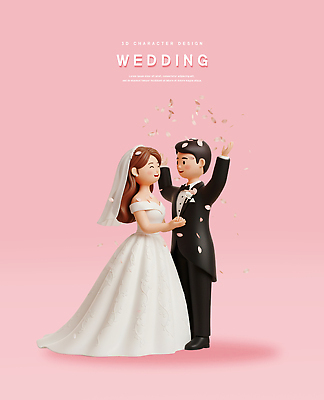 PSD 편집이미지 캐릭터 디자인 커플 꽃잎 행복 신부 신랑 결혼 신혼부부 결혼식 3D캐릭터 사랑 웃음 기쁨 축하 장면 순간 신랑신부 편집3D 부부 꽃 감정 신부_웨딩 컨셉 관계 표정 이벤트 3D 신혼 파일형식