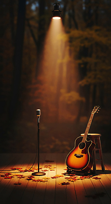 JPG 편집이미지 악기 음악 자연 조명 소풍 평화 고요 공연 무대 가을 통기타 숲 마이크 감성 소음 아티스트 이미지편집 AI컴퓨터그래픽 AI콘텐츠 직업 계절 음향기기 컨셉 문화예술 이벤트 야외활동 소리 기타 생태계 파일형식