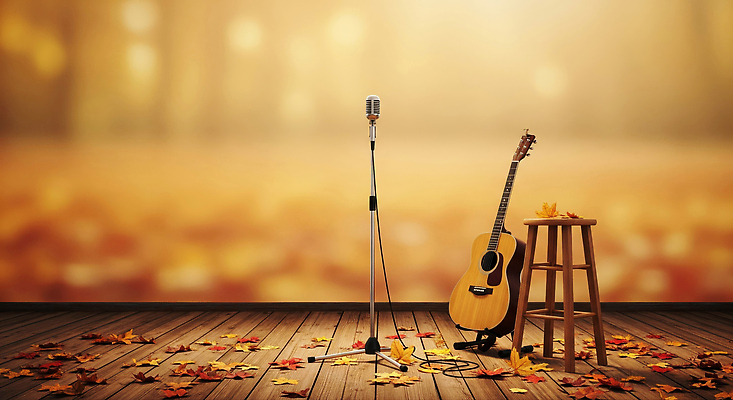 JPG 나무 편집이미지 음악 낙엽 의자 바닥 따뜻함 공연 무대 가을 기타 분위기 마이크 소음 색감 아티스트 이미지편집 AI컴퓨터그래픽 AI콘텐츠 식물 직업 계절 음향기기 가구 컨셉 잎 현악기 문화예술 이벤트 소리 파일형식