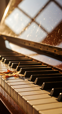 JPG 편집이미지 감정 예술 음악 잎 자연 따뜻함 풍경 빛 소리 고요 방 가을 건반 피아노 뷰티풀 이미지편집 AI컴퓨터그래픽 AI콘텐츠 식물 계절 문화예술 건반악기 생태계 파일형식