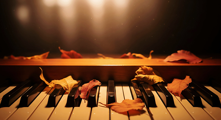 JPG 편집이미지 감정 예술 음악 컬러 낙엽 연주 자연 조명 소리 고요 가을 분위기 피아노 감성 뷰티풀 이미지편집 AI컴퓨터그래픽 AI콘텐츠 계절 컨셉 잎 문화예술 건반악기 생태계 파일형식
