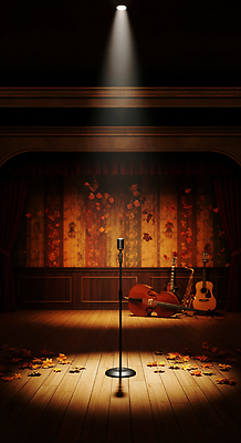 JPG 편집이미지 악기 음악 컬러 나뭇잎 조명 갈색 소리 공연 무대 가을 분위기 마이크 준비 감성 이미지편집 AI컴퓨터그래픽 AI콘텐츠 계절 음향기기 컨셉 잎 문화예술 이벤트 파일형식