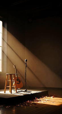 JPG 편집이미지 예술 음악 연주 창문 조명 햇빛 소리 공연 방 가수 가을 기타 분위기 마이크 준비 나무의자 이미지편집 AI컴퓨터그래픽 AI콘텐츠 계절 음향기기 컨셉 의자 현악기 문화예술 이벤트 목재 태양 음악가 파일형식