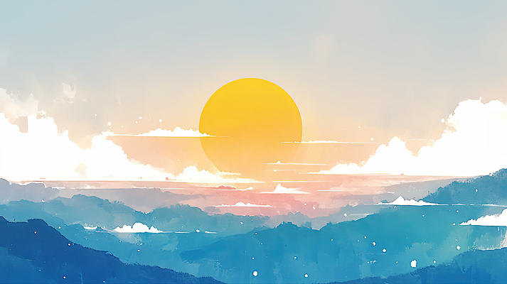 JPG 여유 컬러 일러스트 자연 하늘 아침 산 풍경 여름 햇빛 평화 일출 고요 저녁 화사함 조화 뷰티풀 수평선 국내일러스트 AI일러스트 AI콘텐츠 주간 계절 감정 컨셉 태양 노을 야간 생태계 파일형식