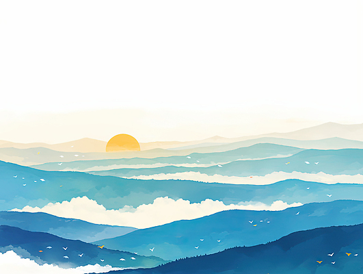JPG 예술 컬러 일러스트 자연 조류 하늘 아침 수채화 산 풍경 파란색 태양 평화 일출 고요 안개 편안함 조용 뷰티풀 국내일러스트 AI일러스트 AI콘텐츠 주간 자연요소 동물 컨셉 날씨 노을 감각 생태계 파일형식