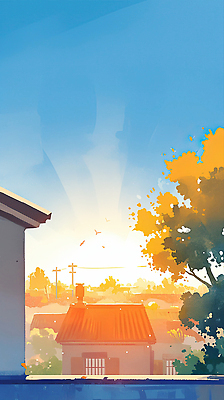JPG 나무 잎 일러스트 자연 하늘 아침 거리 주택 풍경 햇빛 마을 일출 노을 고요 황혼 일몰 전선 저녁 조용 뷰티풀 색채 국내일러스트 AI일러스트 AI콘텐츠 주간 자연요소 식물 건물 태양 야간 생태계 파일형식