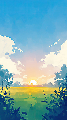 JPG 나무 감정 컬러 일러스트 자연 하늘 풍경 초원 야외 여름 태양 평화 일출 고요 일몰 캠핑 저녁 그림 조화 풍경화 국내일러스트 AI일러스트 AI콘텐츠 자연요소 식물 계절 컨셉 레저 노을 야간 생태계 파일형식