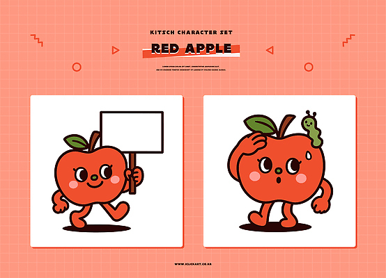 동물 캐릭터 디자인 감정 상징 과일 일러스트 장식 걷기 귀여움 표현 표지판 사과 즐거움 밝은색 사과캐릭터 창의성 키치 일러캐릭터 AI파일 컨셉 모션 알림판 파일형식 벡터