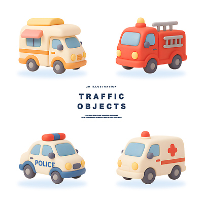 PSD 편집이미지 디자인 교통수단 컬러 구급차 캠핑카 소방차 경찰차 아기자기 편집3D 교통 컨셉 자동차 3D 파일형식