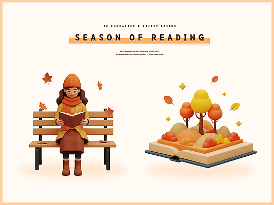 PSD 편집이미지 캐릭터 디자인 계절 공원 여유 낙엽 벤치 자연 3D캐릭터 풍경 소녀 책 독서 평화 가을 편집3D 공공시설 여자 감정 어린이 컨셉 잎 의자 3D 생태계 파일형식