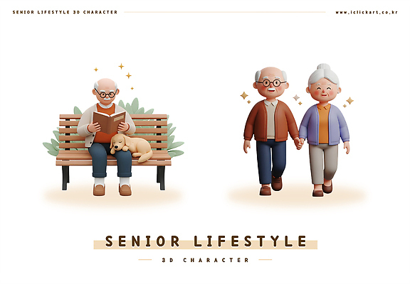 PSD 편집이미지 할아버지 노년 할머니 여유 벤치 가족 3D캐릭터 책 평화 정원 손잡기 산책 만남 개 오후 편집3D 캐릭터 여자 남자 감정 컨셉 의자 포유류 관계 모션 휴식 성인 3D 파일형식
