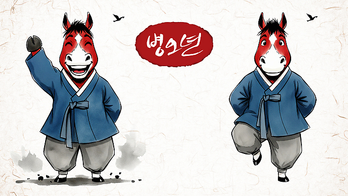 PSD 캐릭터 전통 손 디자인 옷 문화 컬러 포즈 일러스트 발 한국 웃음 한글 말_게임 유머 전통의상 한복 그림 일러캐릭터 병오년 붉은말 붉은말캐릭터 문자 한국전통 감정 아시아 표정 신체부위 말_동물 말캐릭터 파일형식 2026년