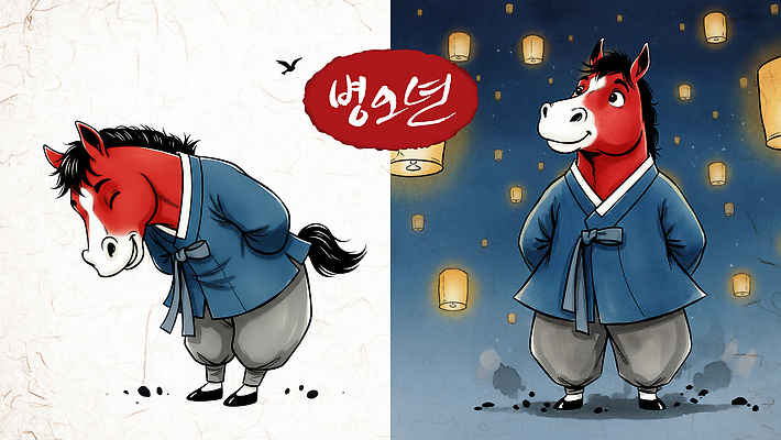 PSD 동물 캐릭터 전통 디자인 옷 문화 예술 컬러 백그라운드 일러스트 조명 한국 매력적 말_게임 한복 개성 풍선 창의성 스타일 일러캐릭터 병오년 붉은말 붉은말캐릭터 한국전통 아시아 컨셉 말_동물 전통의상 말캐릭터 파일형식 2026년