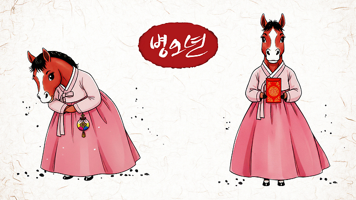 PSD 동물 캐릭터 전통 디자인 옷 명절 문화 컬러 일러스트 한국 귀여움 축제 문화재 축하 인사 말_게임 한복 그림 복식 뷰티풀 일러캐릭터 병오년 붉은말 붉은말캐릭터 한국전통 기념일 아시아 컨셉 예절 말_동물 전통의상 말캐릭터 파일형식 2026년