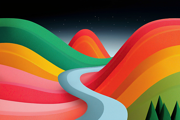 JPG 공원 별 예술 분홍색 컬러 곡선 일러스트 자연 하늘 풍경 초록색 강 노란색 언덕 그림 조용 뷰티풀 국내일러스트 AI일러스트 AI콘텐츠 자연요소 공공시설 선 생태계 파일형식