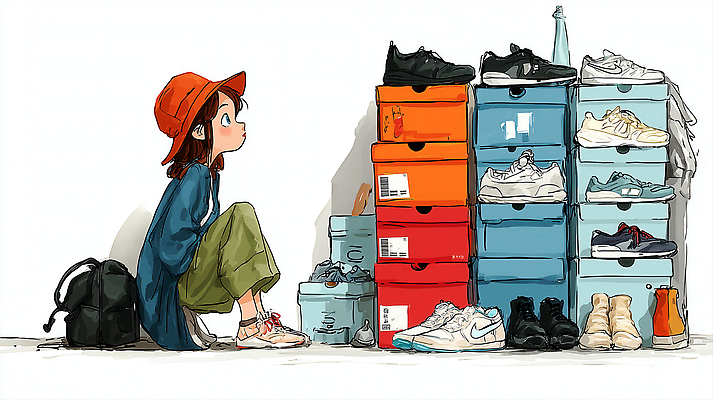 JPG 패션 여유 컬러 운동화 신발 일러스트 배낭 상상 소녀 캐주얼 평화 산책 선택 즐거움 고민 그림 신발상자 오후 스타일 국내일러스트 AI일러스트 AI콘텐츠 옷 여자 감정 어린이 컨셉 가방 휴식 상자 파일형식