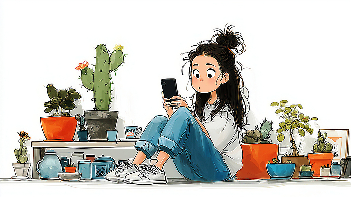 JPG 식물 라이프스타일 여자 일러스트 자연 탁자 휴식 실내 취미 일상 핸드폰 소파 정원 공간 도시 그리기 편안함 그림 Cactus 국내일러스트 AI일러스트 AI콘텐츠 가구 컨셉 의자 모션 사람 내부 라이프 생활 전자제품 감각 생태계 파일형식