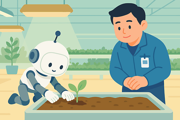 식물 농업 일러스트 자연 미래 협력 기술 농작물 농장 환경 정원 수확 성장 작업 농부 보고 로봇 심기 자동화 AI_인공지능 국내일러스트 AI파일 직업 산업 컨셉 모션 발표 생태계 파일형식 벡터