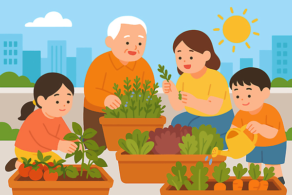 식물 할아버지 채소 일러스트 가족 자연 엄마 함께함 손잡이 햇빛 환경 정원 농사 활발 수확 도시 물주기 텃밭 국내일러스트 AI파일 노년 남자 컨셉 밭 농업 관계 모션 태양 생태계 파일형식 벡터