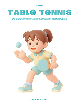 PSD 편집이미지 캐릭터 디자인 행복 어린이 스포츠 공 놀이 3D캐릭터 미소 소녀 파란색 운동 활발 탁구 액티비티 편집3D 여자 감정 컬러 컨셉 표정 건강 사람 3D 구기 파일형식
