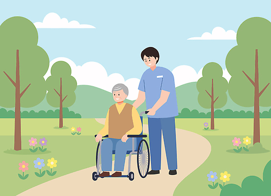 나무 공원 노년 꽃 행복 일러스트 모션 자연 하늘 건강 웃음 여러명 취미 치료 평화 산책 간호사 휠체어 친목 돌봄 국내일러스트 AI파일 식물 공공시설 감정 다수 컨셉 의학 휴식 표정 사람 성인 의료진 생태계 파일형식 벡터