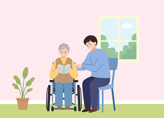 식물 행복 할머니 일러스트 가족 관계 모션 놀이 손자 실내 대화 사랑 웃음 책 학습 공간 시간 편안함 읽기 휠체어 소통 국내일러스트 AI파일 여자 교육 노년 남자 감정 컨셉 표정 말하기 내부 감각 손주 파일형식 벡터