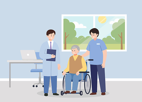 나무 노년 일러스트 창문 친절 건강 병원 대화 치료 햇빛 환자 간호사 의료진 의사 편안함 휠체어 상담 병실 국내일러스트 AI파일 식물 직업 의학 말하기 성인 태양 감각 파일형식 벡터