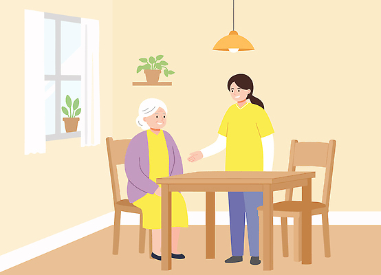 식물 여자 노년 의자 일러스트 가족 탁자 조명 친절 실내 따뜻함 대화 일상 보호자 소통 지원 국내일러스트 AI파일 가구 컨셉 관계 말하기 사람 성인 내부 라이프 파일형식 벡터