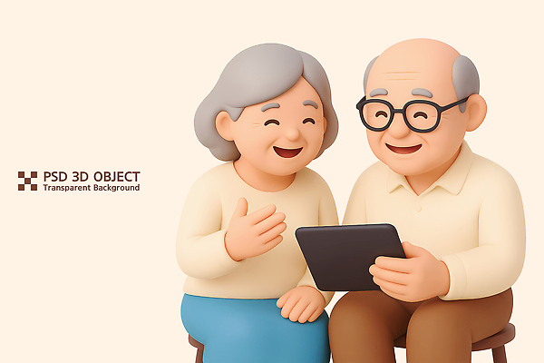 PSD 편집이미지 할아버지 행복 할머니 가족 3D캐릭터 기술 대화 웃음 태블릿 디지털 노부부 정보 즐거움 공유 소통 편집3D 캐릭터 부부 여자 노년 남자 감정 컨셉 관계 표정 말하기 전자제품 스마트기기 3D 파일형식