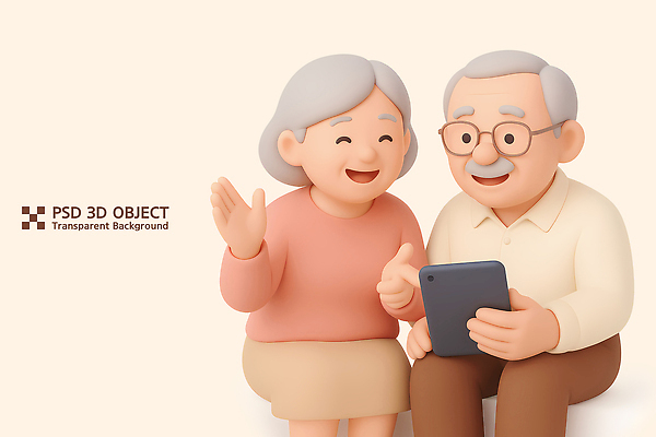 PSD 편집이미지 할아버지 노년 행복 할머니 가족 3D캐릭터 기술 실내 대화 사랑 웃음 스마트폰 소파 디지털 기쁨 시간 편집3D 캐릭터 여자 남자 감정 의자 관계 표정 말하기 성인 내부 핸드폰 스마트기기 3D 파일형식